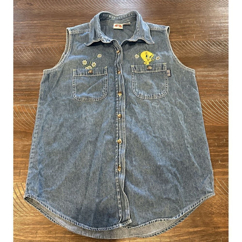 Vintage Looney Tunes Vest Womens S Blue Denim Tweety Bird Embroidered 90s